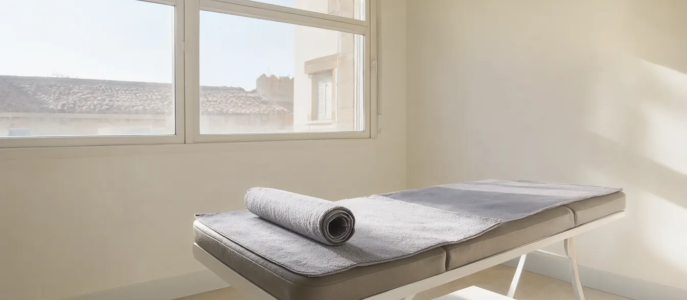 A treatment room with a padded table, parallel bars and tall windows.