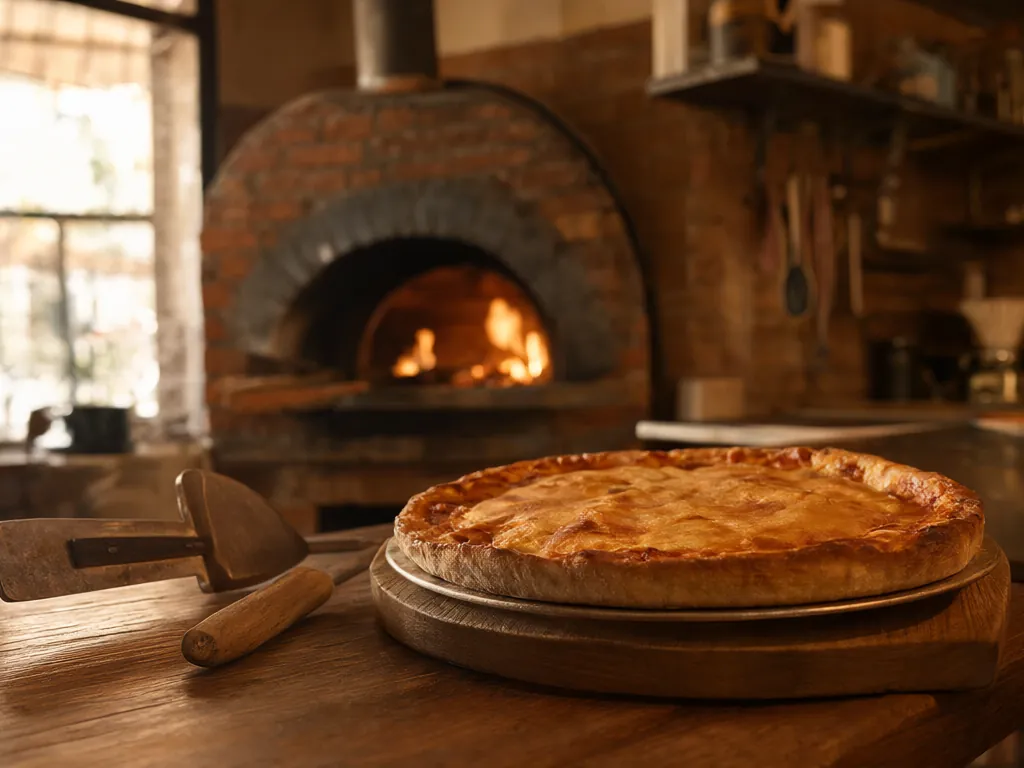 A round pepperoni pie on a steel tray beside the oven.