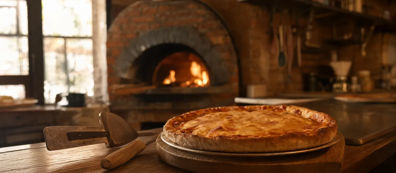 A round pepperoni pie on a steel tray beside the oven.