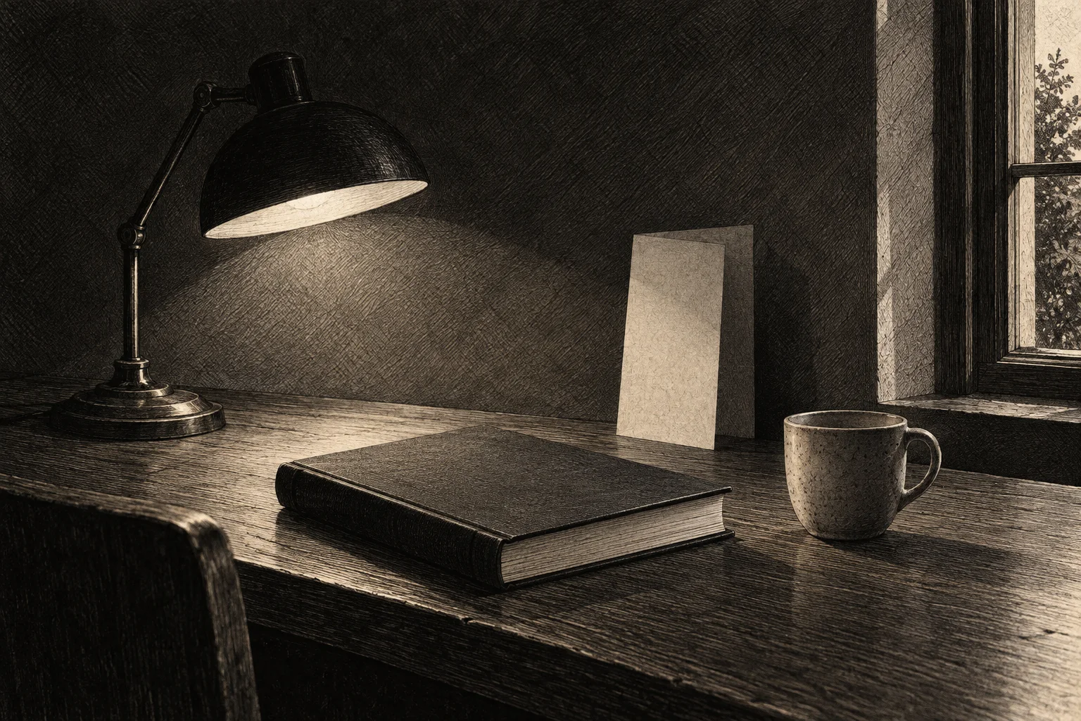 Generated monochrome ink illustration of a quiet workspace with a book, lamp, cup, folded paper and window edge.