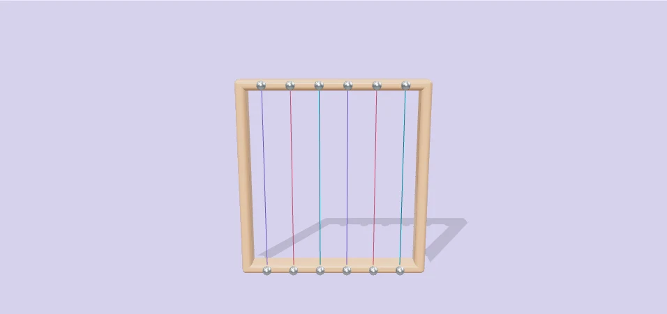 Six colorful physical strings suspended in a musical frame. Select Play to interact.