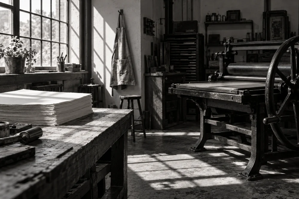 An empty fictional printroom, with a cast-iron press and stacks of paper caught in hard window light.