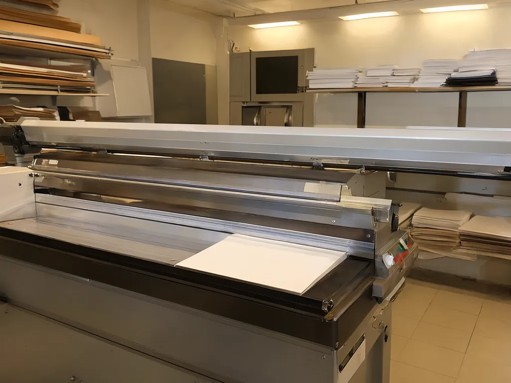 A paper cutter and stacks of printed flyers on a workroom table.