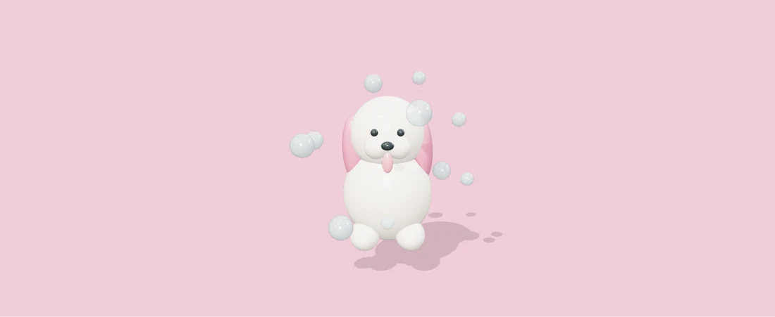 A soft toy dog with a cloud of floating soap bubbles. Select Play to interact.