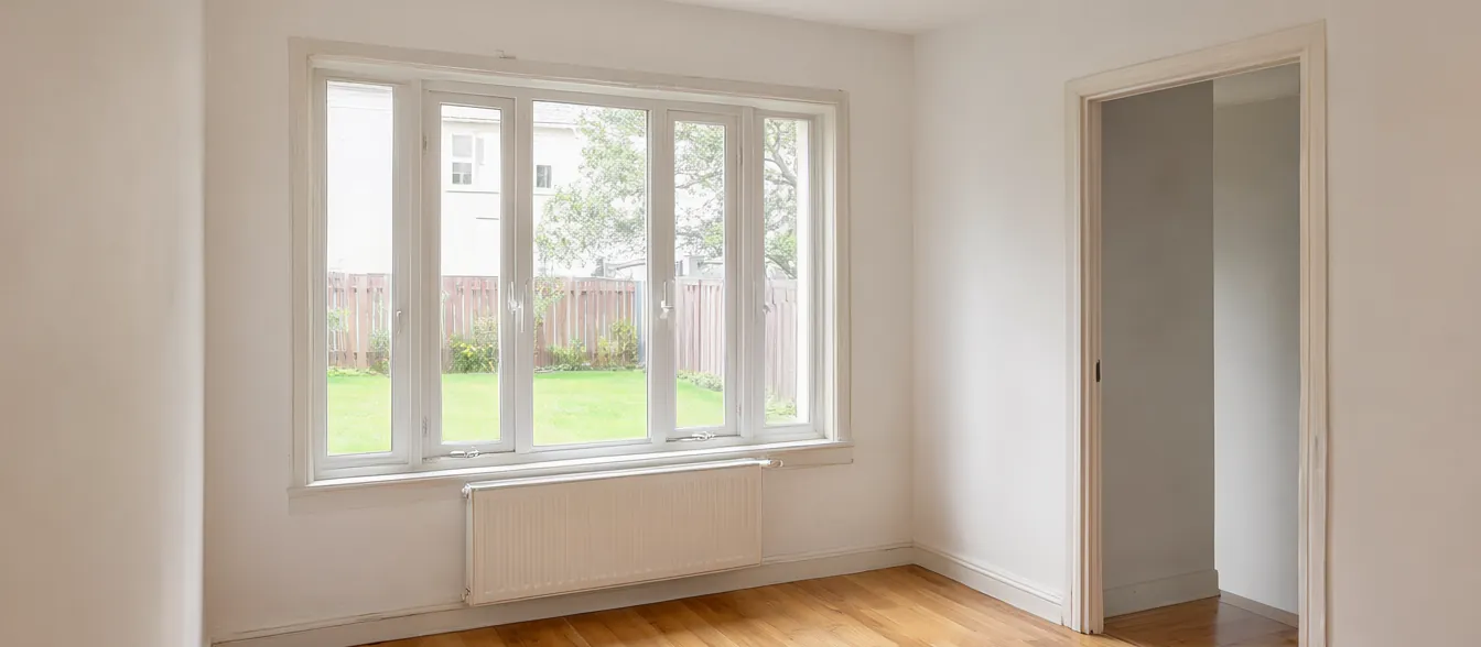 A bright living room with hardwood floors and a window onto a green yard.