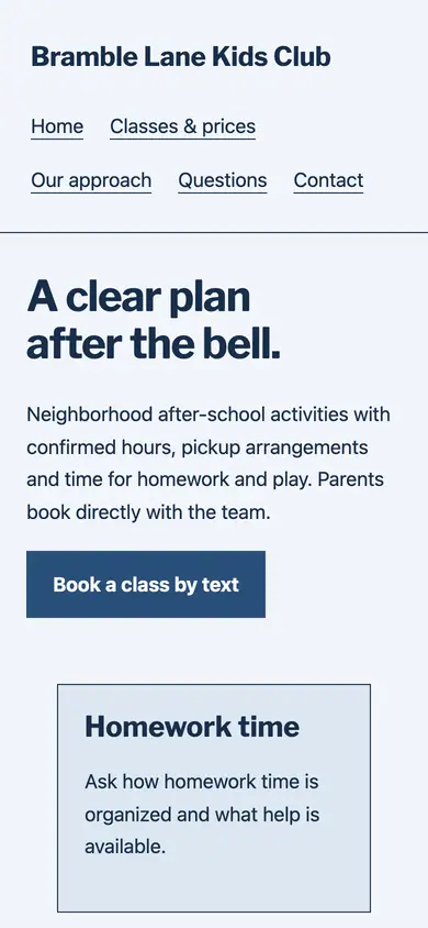 Look 3, Afternoon activity rooms: sample home page on a phone