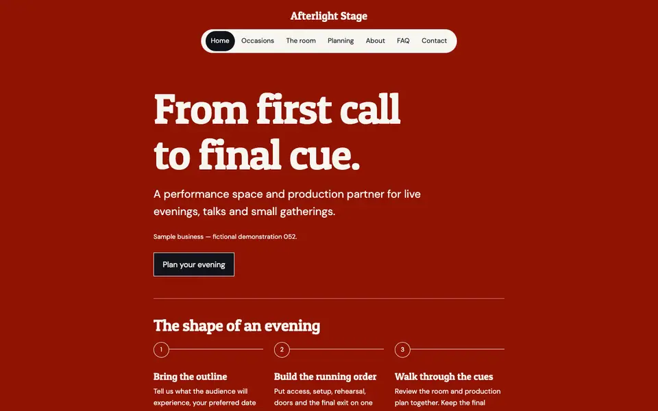 Look 1, Afterlight Stage: sample home page on a computer