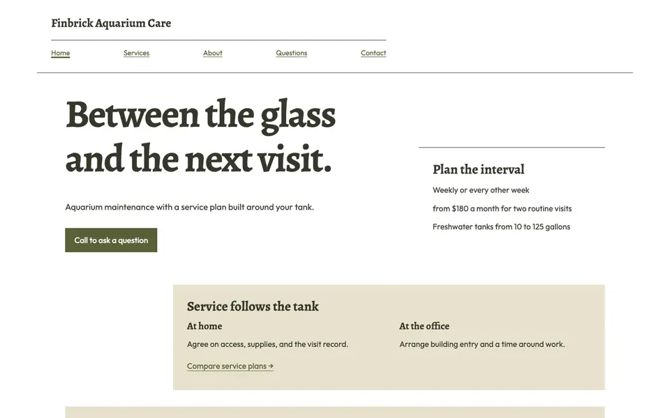 Look 2, Aquarium care intervals: sample home page on a computer