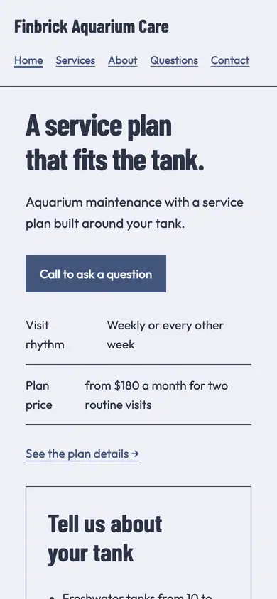 Look 3, Tank dimensions service desk: sample home page on a phone