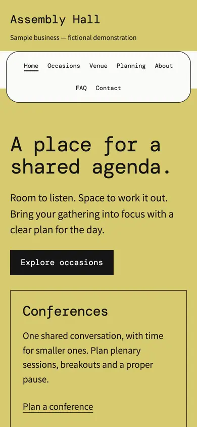 Look 1, Assembly Hall: sample home page on a phone