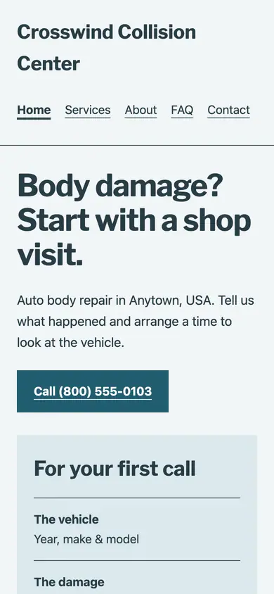 Look 1, Collision intake ticket: sample home page on a phone
