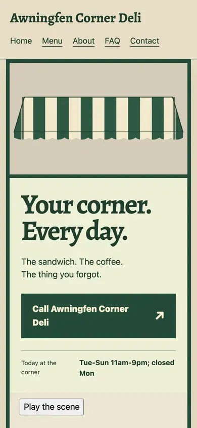 Look 1, Awning Unroll: sample home page on a phone