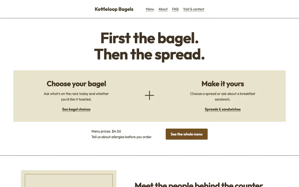 Look 2, Bagel and spread pairing: sample home page on a computer