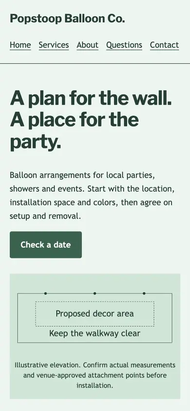 Look 2, Venue wall elevation: sample home page on a phone