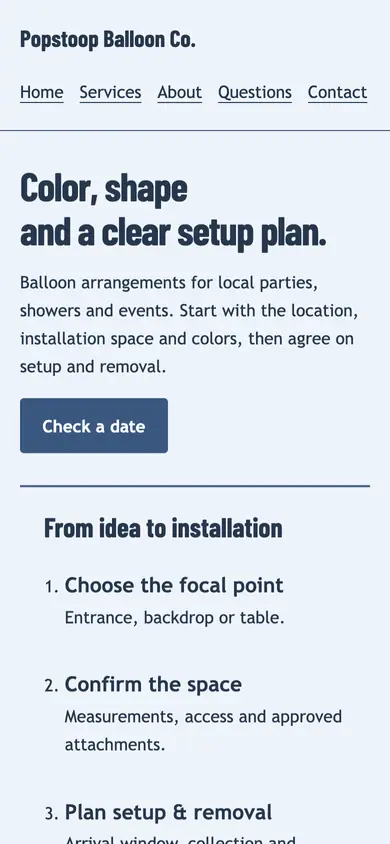 Look 3, Balloon installation order sheet: sample home page on a phone