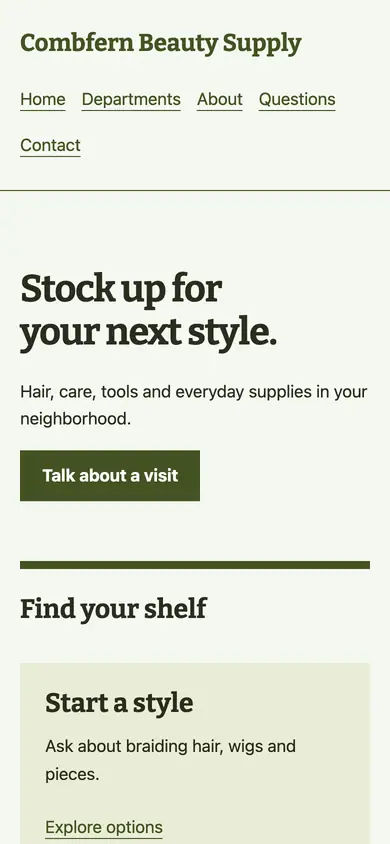 Look 3, Hair-care shelf: sample home page on a phone