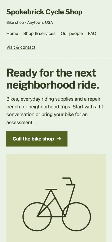 Look 1, Bike and bench: sample home page on a phone