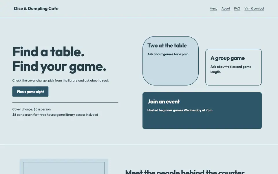 Look 1, Table and game plan: sample home page on a computer
