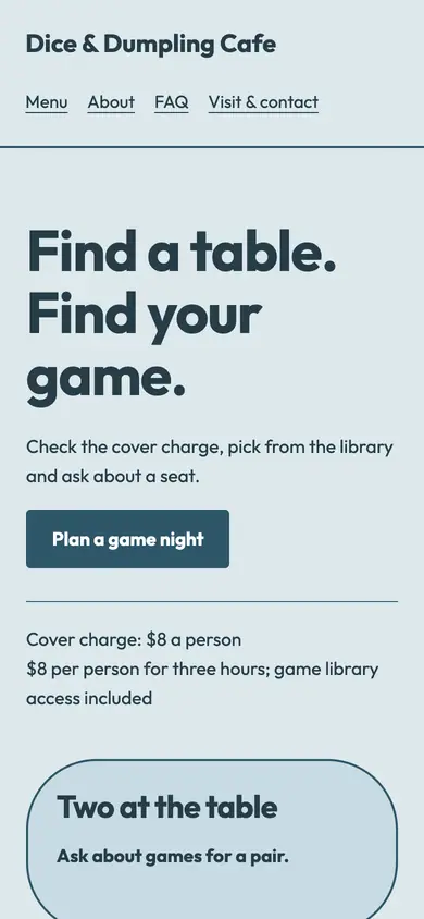 Look 1, Table and game plan: sample home page on a phone