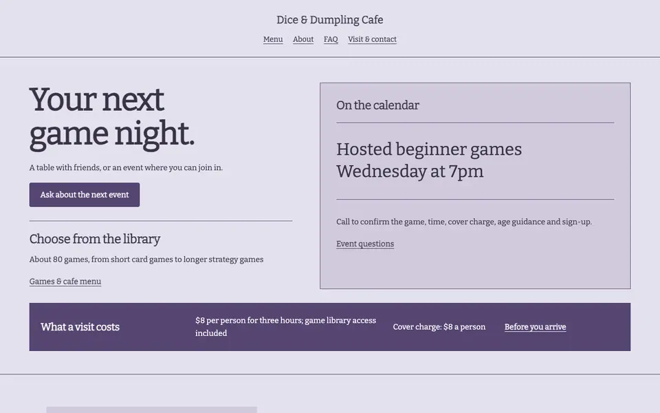 Look 3, The next game night: sample home page on a computer