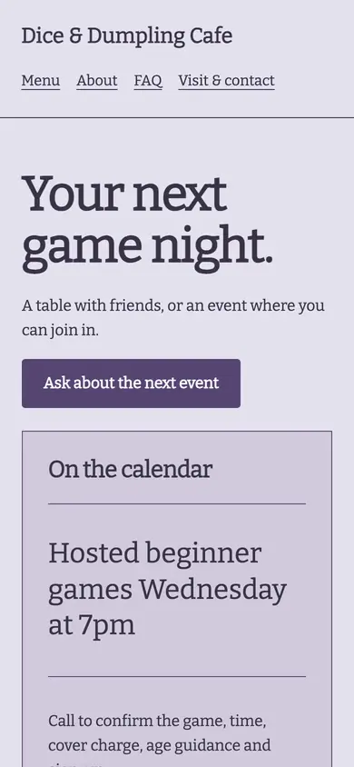 Look 3, The next game night: sample home page on a phone