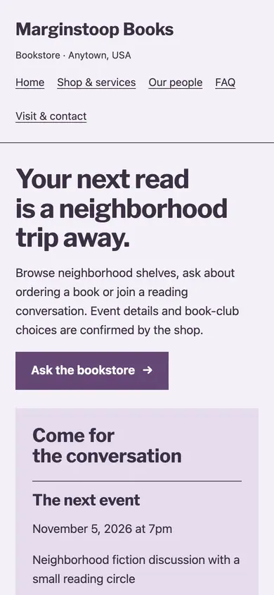 Look 1, Shelf and gathering table: sample home page on a phone
