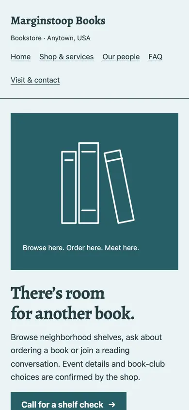 Look 2, Book shop shelf index: sample home page on a phone