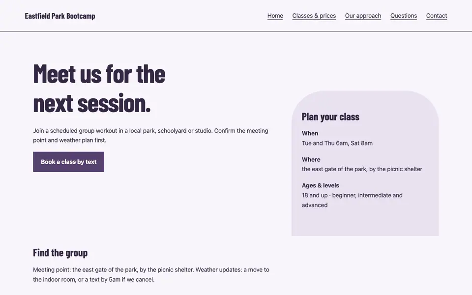 Look 1, Park meeting point: sample home page on a computer