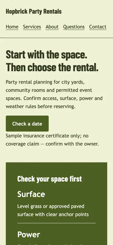 Look 1, Setup site checklist: sample home page on a phone