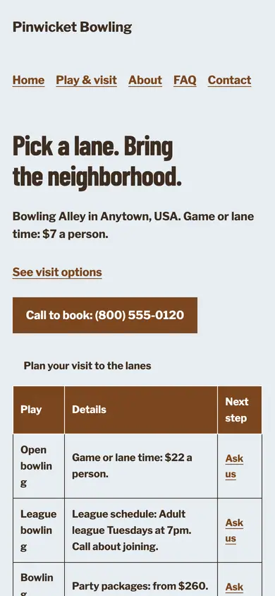 Look 1, Lane score sheet: sample home page on a phone