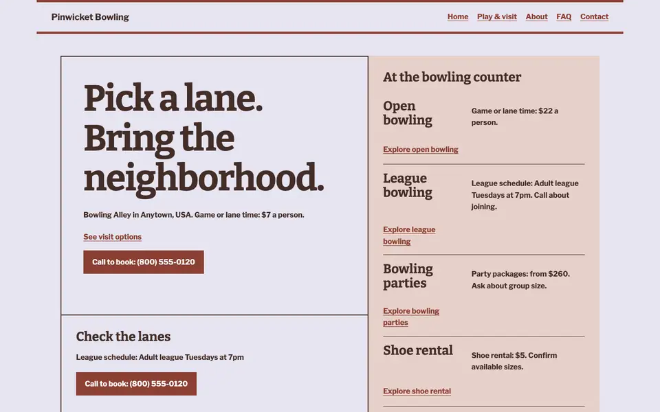 Look 3, Bowling counter rate board: sample home page on a computer