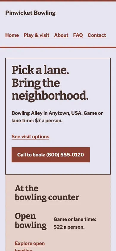 Look 3, Bowling counter rate board: sample home page on a phone