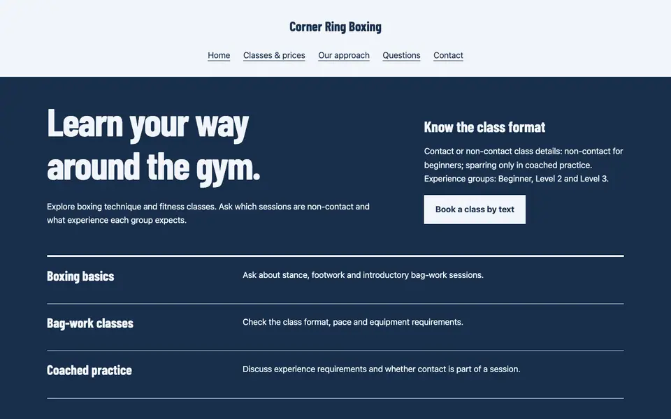 Look 1, Gym fight card: sample home page on a computer