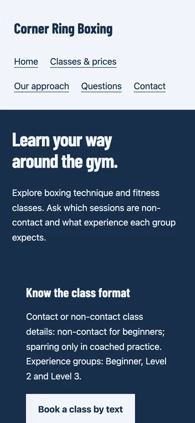 Look 1, Gym fight card: sample home page on a phone