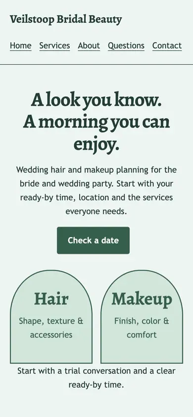 Look 2, Hair and makeup mirror: sample home page on a phone