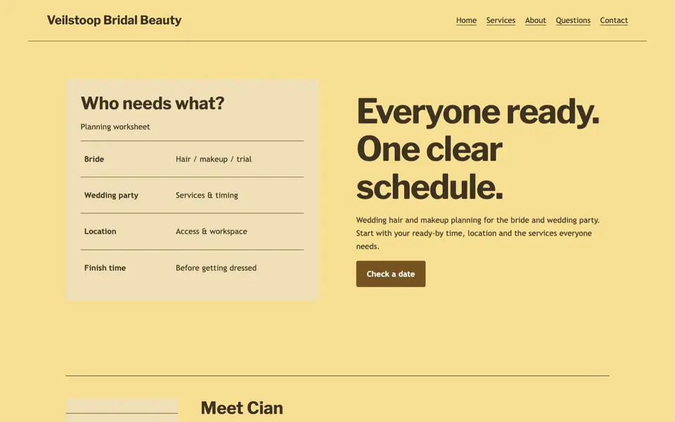 Look 3, Wedding party service roster: sample home page on a computer