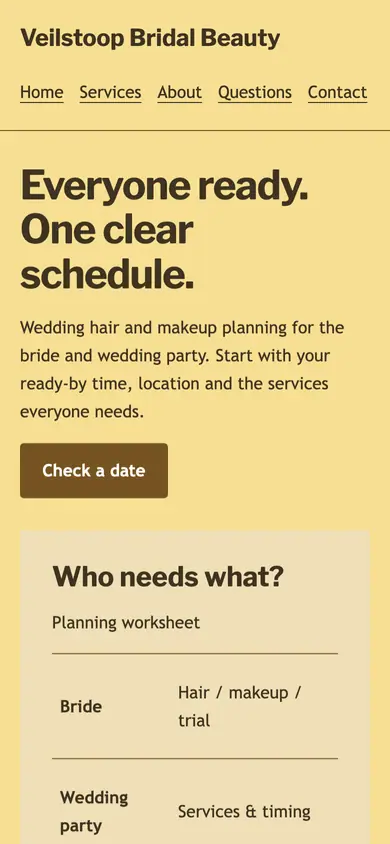 Look 3, Wedding party service roster: sample home page on a phone