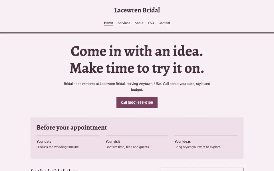 Look 1, Bridal appointment card: sample home page on a computer