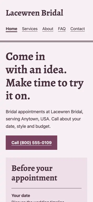 Look 1, Bridal appointment card: sample home page on a phone