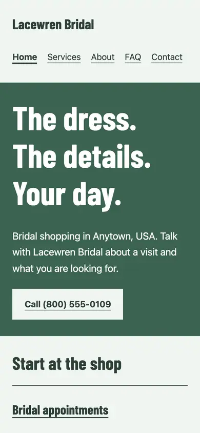 Look 2, Main-street bridal window: sample home page on a phone