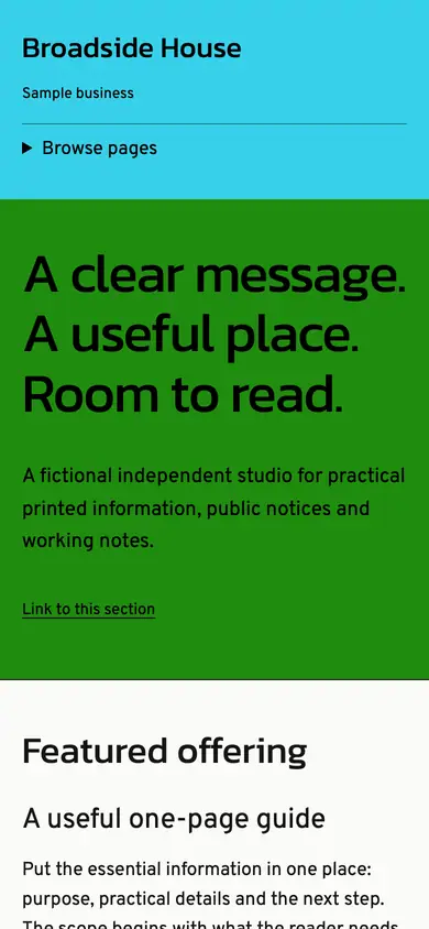 Look 1, Broadside House: sample home page on a phone