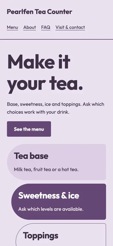 Look 1, Tea customization ribbon: sample home page on a phone