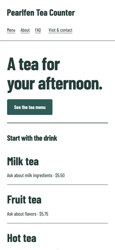 Look 2, Tea and topping directory: sample home page on a phone