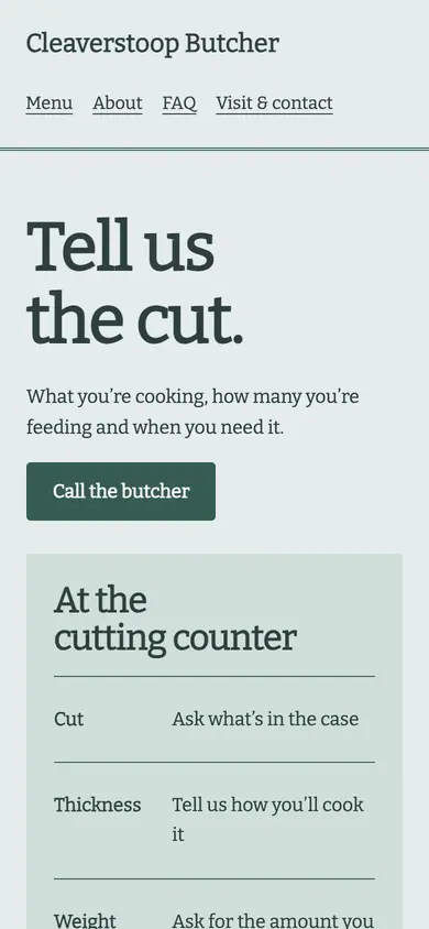 Look 1, Cut to order ledger: sample home page on a phone