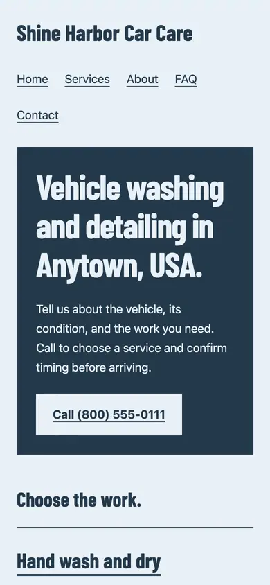 Look 1, Wash bay service sign: sample home page on a phone