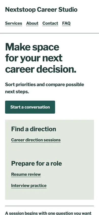 Look 1, Career decision crossroads: sample home page on a phone