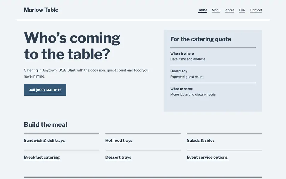 Look 1, Catering order pad: sample home page on a computer