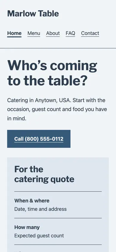 Look 1, Catering order pad: sample home page on a phone