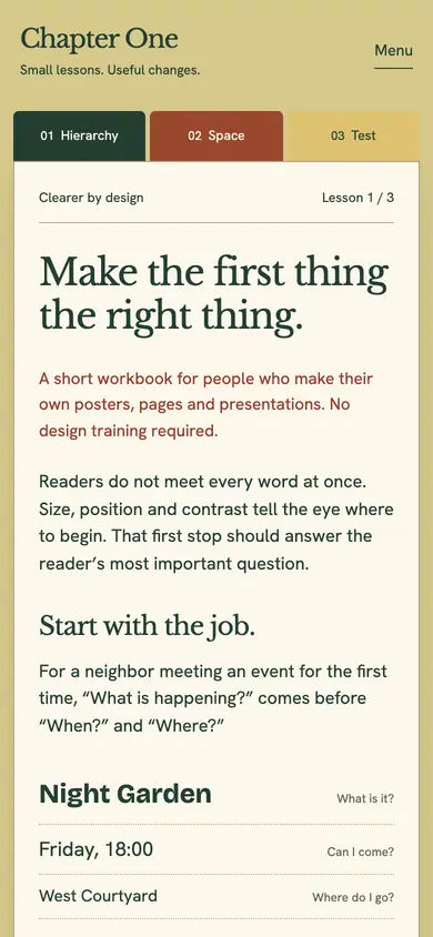 Look 1, Chapter One: sample home page on a phone