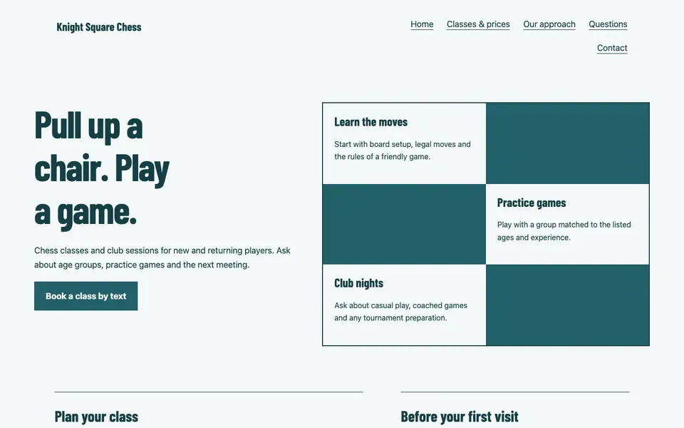 Look 1, Open chess tables: sample home page on a computer